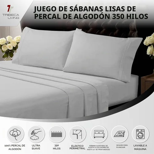 Vista 3 de Tribeca Living Juego de sábanas de percal de algodón egipcio, color blanco