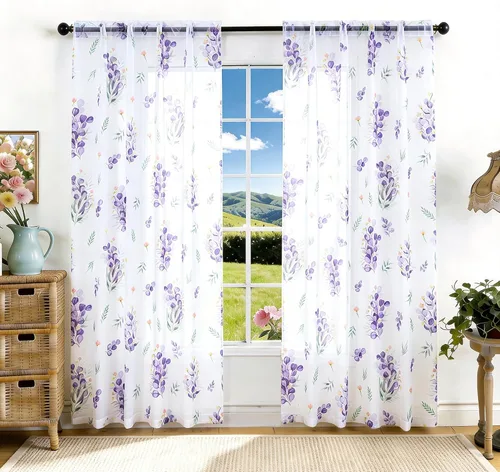 Vista 19 de youleyar - Cortinas florales transparentes para sala de estar, 54 pulgadas Cortina semitransparente blanca con estampado de flores/mariposas