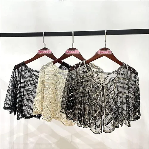 Vista 3 de Specell 1920s Handmade Sequin Beaded Evening Shawl Bridal Wrap Shawls and Wraps for Evening Dresses Wedding Shawl 10