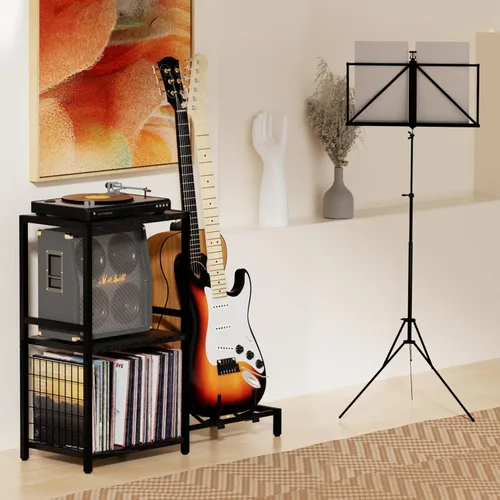 Vista 2 de YAKANJ Mesa Auxiliar con Soporte para Guitarra, Soporte para Tocadiscos, Almacenamiento para Discos de Vinilo, Soporte de 2 Niveles para Guitarra