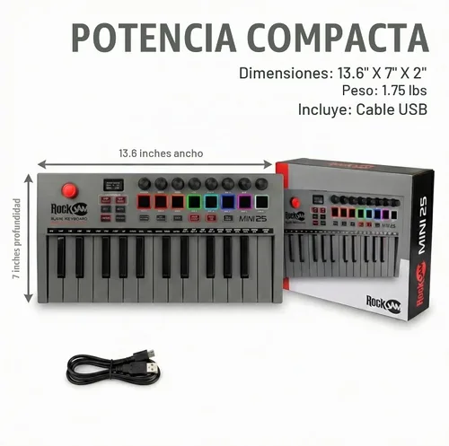Vista 6 de RockJam RJMK25 Controlador de teclado MIDI USB de 25 teclas con almohadillas de tambor Rechargeable USB MIDI controller with 25 velocity sensitive
