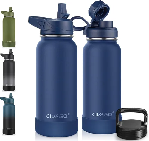 Vista 22 de CIVAGO Botella de agua aislada de 22 onzas con pajita, frasco de agua deportiva de acero inoxidable con 3 tapas