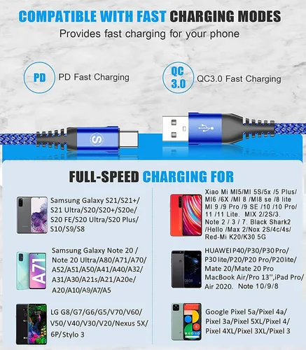 Vista 7 de sweguard Cable USB tipo C de 3.1 A de carga rápida [2 unidades, 3.3 pies + 3.3 pies], cargador USB-A a USB-C, cable trenzado de nailon para Samsung