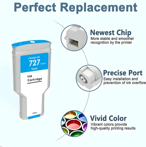 Vista 3 de HP 727 - Cartucho de tinta cian F9J76A 727XL compatible con impresoras DesignJet T920 T930 T1500 T1530 T2500 T2530 (paquete de 1, 10.8 fl oz)