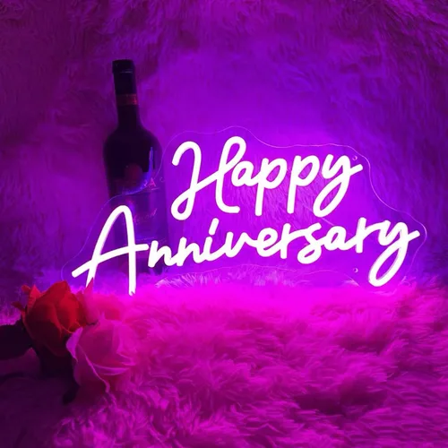 Vista 7 de Cartel grande de feliz aniversario con luces LED de neón para decoración de pared de 23 x 11 pulgadas, para esposa, marido, padres, boda, feliz