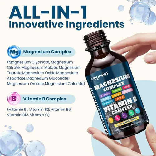 Vista 3 de Complejo de magnesio + complejo B – glicinato, citrato, malato, B1 B2 B6 B12 y vitamina C – Apoyo nervioso y muscular – 2 onzas líquidas