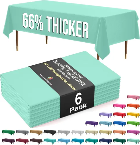 Vista 17 de Exquisite 66% Thicker Premium Plastic Table Cloth Rectangle Table Cover 0.5 Mil 6 Pack Aqua Table Cloth 54 Inch x 108 Inch Disposable Tablecloth