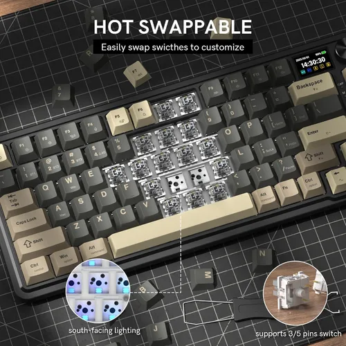 Vista 8 de Redragon Teclado mecánico inalámbrico K751 75% para juegos para PCMac, Bluetooth 5.02.4GHzUSB C teclados cremosos