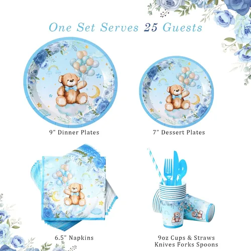 Vista 2 de 200 piezas de decoración de oso para baby shower para 25 invitados, platos de papel para baby shower, servilletas para niños, juegos de oso azul