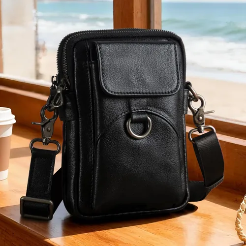 Vista 7 de Augus Bolso bandolera pequeño de cuero genuino para teléfono celular, bolso de hombro para uso diario para mujeres y hombres