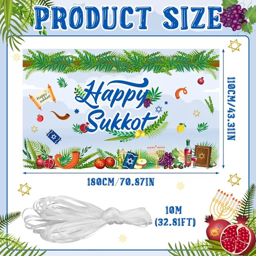 Vista 2 de Newwiee Cartel de fondo de Happy Sukkot de 71 x 43 pulgadas, decoración de fiesta de Sukkah, Etrog Lulav, tapiz judío, decoración de fiesta