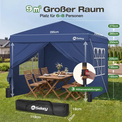 Vista 5 de Sekey Pop Up Gazebo 3 x 3 Waterproof Stable Folding Gazebo 3 m x 3 m with Side Walls, Party Tent Foldable for Camping Party, Continuously Height