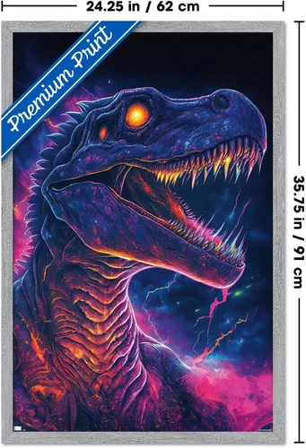Vista 3 de Trends International Wumples - Neon Dinosaur Wall Poster, 34L x 22.4W, Gray Framed Version
