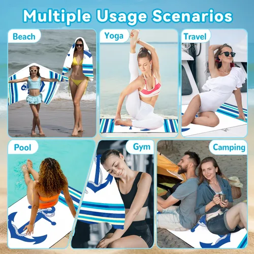 Vista 7 de Nautical Anchor - Toalla de playa extra grande, diseño de rayas blancas y azules, de secado rápido, absorbente, sin arena, suave, ligera, accesorios