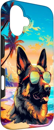 Vista 3 de Funda para iPhone 16 con diseño de pastor alemán, para amantes de los perros, playa, mar, para niños y niñas