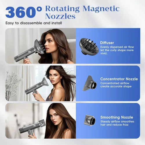 Vista 6 de Secador de Pelo Iónico Profesional Natrial con Difusor para Cabello Rizado, Secador de Soplado de Alta Velocidad de 1600W y 110000RPM para Mujeres