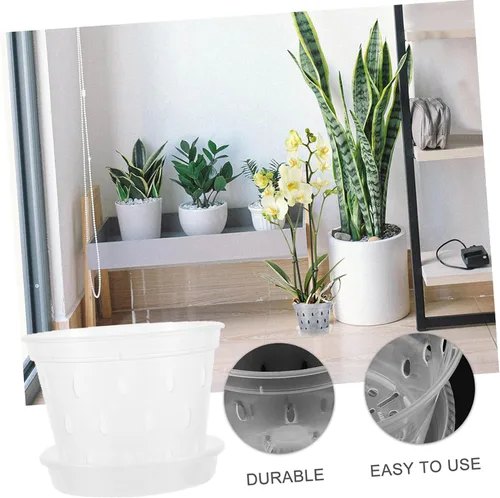 Vista 7 de 2 Sets Plastic Orchid Plant Nursery Pots with Saucers and Drain Holes Design for Root Viewing, Ventilated Base Tray, Home or Garden Use, Supports