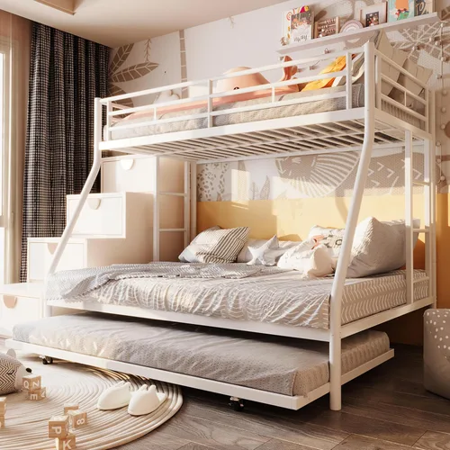 Vista 9 de SUNLEI Cama alta de metal con 2 escaleras seguras, litera individual sobre matrimonial con nido, camas nido con protección de seguridad individual