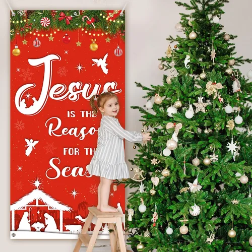 Vista 6 de WovWeave Decoración navideña para puerta religiosa al aire libre, Jesús es la razón de la temporada, fondo de fotografía de Navidad, pancarta