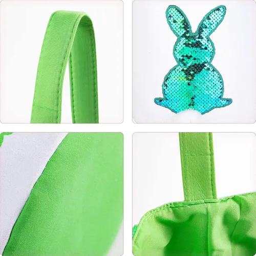 Vista 6 de Cestas de Pascua para niños – Cestas de caza de huevos de Pascua para niños y niñas, bonita cesta de regalo de lona impresa de conejo de lentejuelas