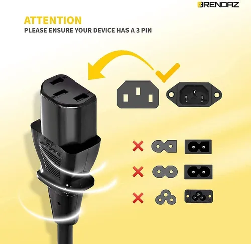 Vista 4 de Cable de alimentación universal de CA – Paquete de 2 – Cable de alimentación de PC de 1 pie de 3 clavijas de repuesto para computadora, monitor