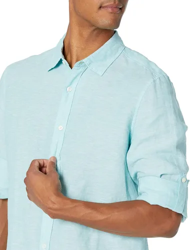 Vista 3 de Perry Ellis Camisa de algodón de lino sólido con botones para hombre (talla S-XX-L)