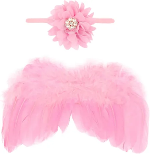 Vista 4 de Ala de ángel para recién nacido, ala de plumas de bebé con diadema de flores, traje de fiesta infantil para accesorios de fotos, unisex