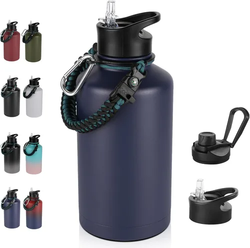 Vista 65 de Botella de agua aislada de 64 onzas con tapas de pajita y boquilla, jarra de agua de acero inoxidable de medio galón con mango de paracord, vacío