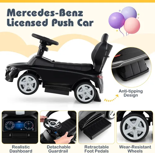 Vista 4 de Costzon Coche de empuje para niños pequeños, 3 en 1 Mercedes Benz Cochecito deslizante caminador con toldo, mango, barra de seguridad, sonido