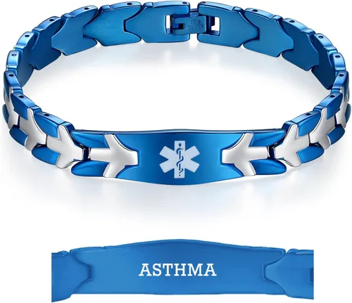 Vista 27 de LinnaLove Pulseras de alerta médica de pez volador para hombres y mujeres, pulseras médicas de acero inoxidable con grabado gratis, 8.5 pulgadas