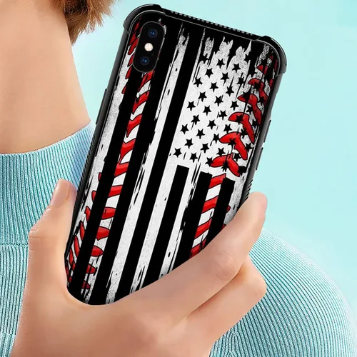 Vista 6 de Funda compatible con iPhone X/XS, diseño de bandera estadounidense de béisbol, TPU suave, a prueba de golpes, de vidrio templado, para iPhone X/XS