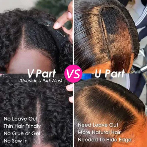 Vista 3 de Peluca de cabello humano rizado rizado con parte en V para mujeres negras, en forma de V, sin dejar fuera, sin pegamento, 14 pulgadas