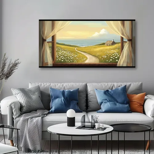 Vista 4 de Arte de pared costero vintage de 30 x 60 pulgadas, paisaje de ventana, granja, paisaje, naturaleza, pintura cálida, impresión sobre lienzo, arte