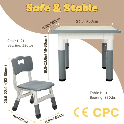 Vista 6 de FUNLIO Juego de mesa y 2 sillas para niños, juego de mesa y sillas para niños de 3 a 8 años, fácil de limpiar, mesa de artes y manualidades