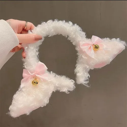 Vista 3 de Banda de pelo con orejas de cordero, nudo de lazo, campana, adorno decorativo para el cabello, peluche femenino de dibujos animados, diadema