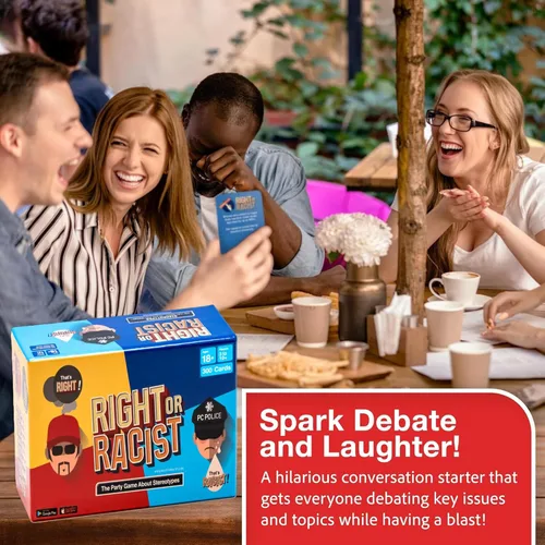Vista 2 de Juego de fiesta para adultos con texto en inglés "Right or Racist", ideal como regalo de cumpleaños