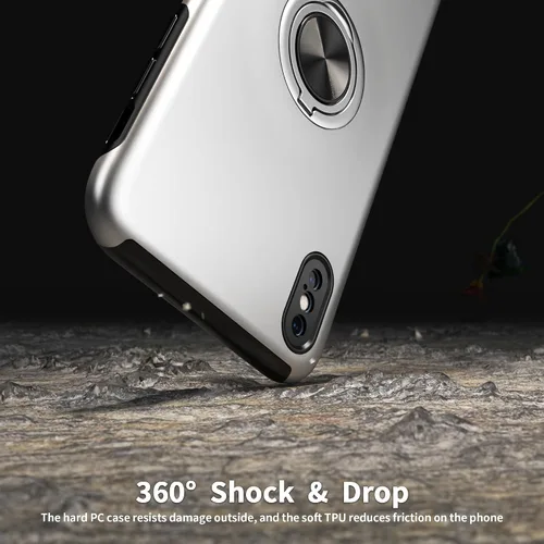 Vista 6 de Funda compatible con iPhone Xs Max con protector de pantalla de vidrio templado, funda híbrida 2 en 1 protectora delgada con anillo magnético