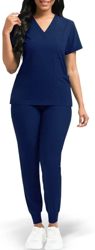Vista 2 de niaahinn Conjunto de ropa quirúrgica clásica con cuello en V y pantalón deportivo de yoga, uniforme médico de enfermería