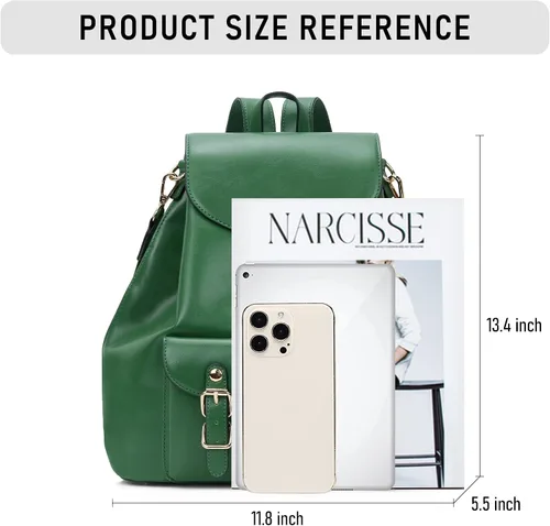 Vista 4 de Chillo - Mochila grande de cuero vegano para mujer, diseño multiusos, con cordón, Verde, Mochilas de mochila