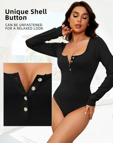 Vista 4 de TQD Body de manga larga para mujer, cuello redondo, manga abombada, blusa Henley para mujer