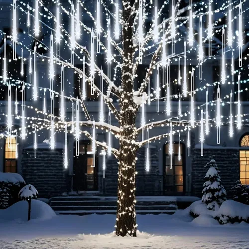 Vista 10 de Luces de lluvia de meteoros al aire libre, luces navideñas, 24 tubos, 576 LED, efecto de caída de nieve, lluvia en cascada, carámbanos, luz
