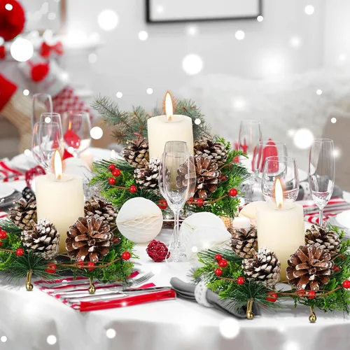 Vista 7 de 12 Piezas Portavelas de Corona de Navidad Incluyen 6 Pzas Anillo de Vela Votiva con Bayas con Piñas y 6 Pzas Portavelas de Metal para Decoración