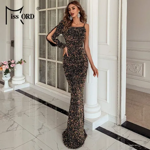 Vista 7 de Miss ord Vestido de sirena de noche con un hombro descubierto y manga dividida con lentejuelas y brillantina vestido de graduación sexy formal