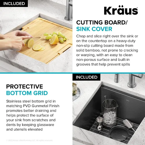 Vista 6 de KRAUS Kore KWU1101-17-PGM - Fregadero de cocina con estación de trabajo de 17 pulgadas con cuenco individual en PVD, de acero inoxidable de calibre