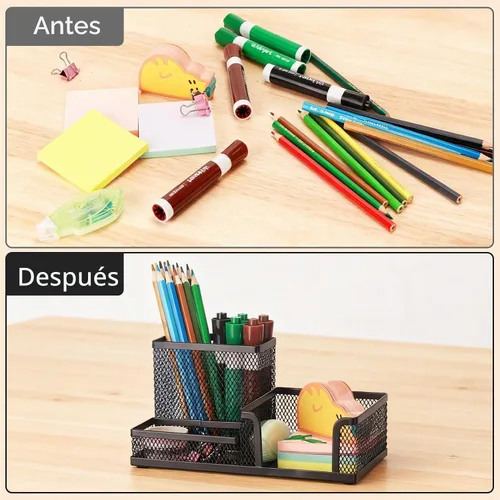 Vista 4 de Comix Organizador de escritorio de malla para lápices, 3 compartimentos, de alambre de escritorio, para lápices, suministros de oficina, accesorios