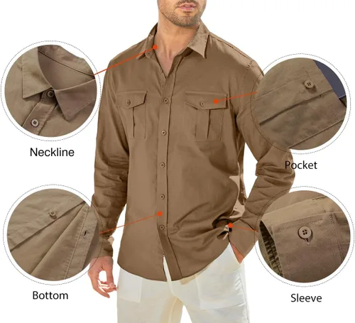 Vista 5 de JMIERR Men's Linen Shirts Casual Button Down Roll Up Long Sleeve Shirts with 2 Flap Pockets