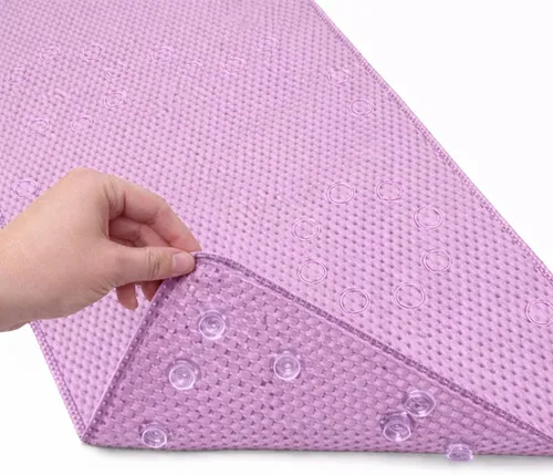 Vista 8 de Alfombra antideslizante para bañera, extragrande, de 36 x 17 pulgadas, con ventosas y orificios de drenaje, espuma suave, lavable a máquina