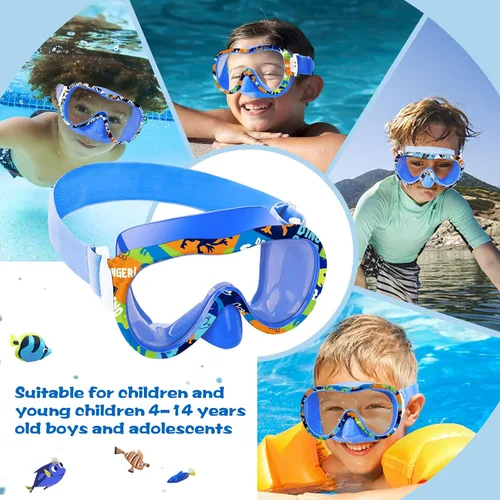 Vista 3 de Gafas de natación para niños con cubierta para la nariz, máscara de esnórquel panorámica de 180° con diseño antivaho y antifugas, correa de tela