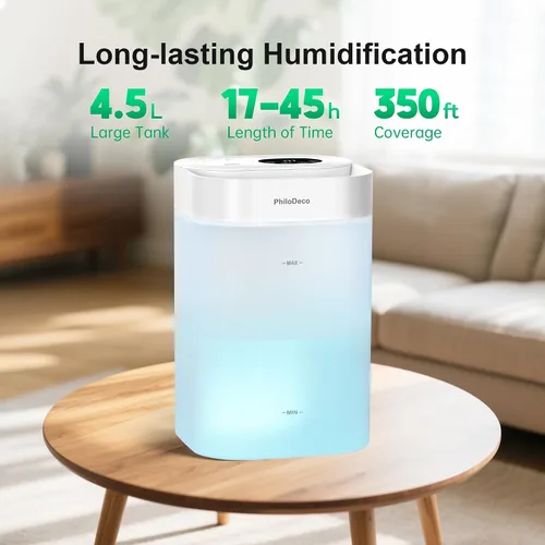 Vista 2 de PHILODECO Humidificador de niebla fría de 4.5L para dormitorio, habitación del bebé y plantas – Ultrasónico, silencioso, con difusor de aroma, luz
