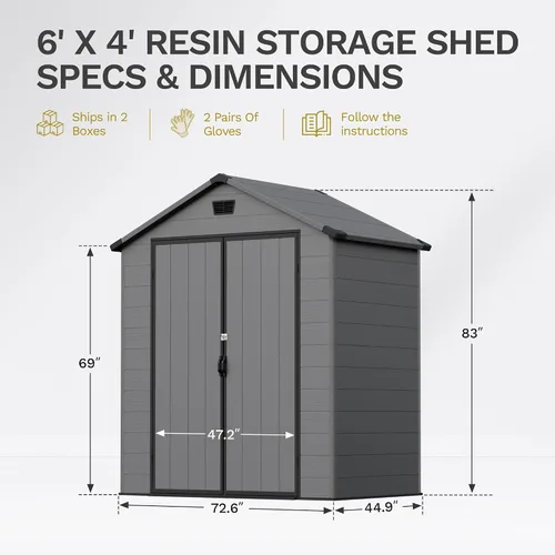 Vista 2 de Devoko 6X4 FT Plastic Outdoor Storage Shed with Floor, Dark Gray